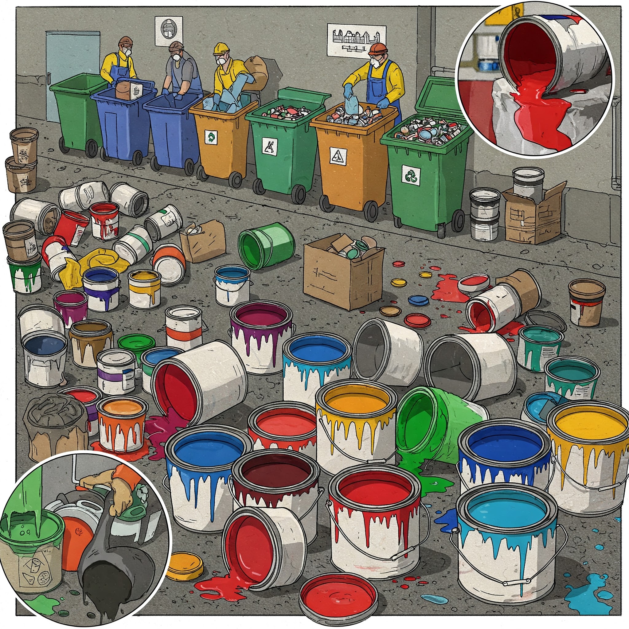 Paint tins and coating waste ready for EPA-licensed disposal by Zero Waste Services Sydney